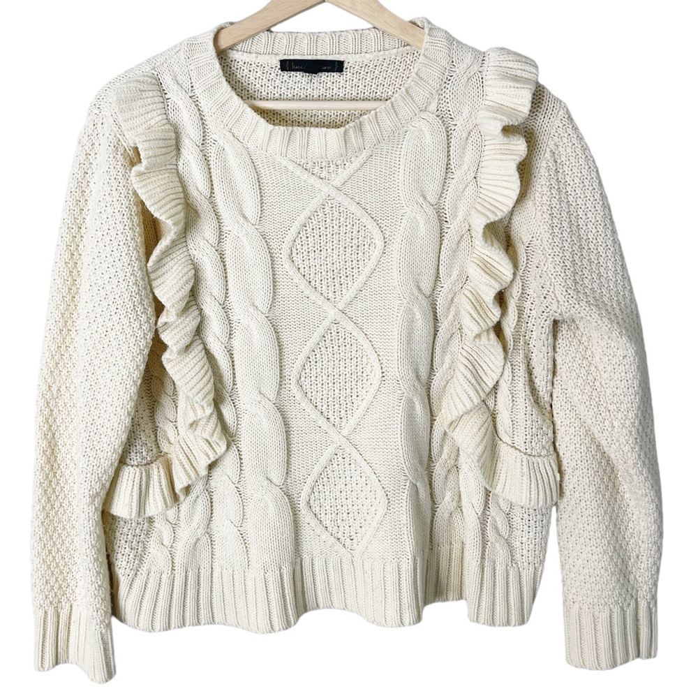 Lucca Couture Ruffle Cable Knit Soft Ivory Colored Pullover Sweater